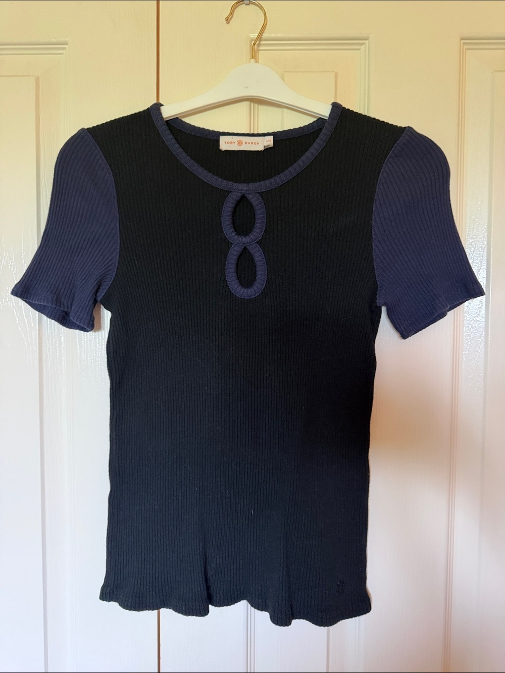 Tory Burch Black Tee with Navy Loop Detail
